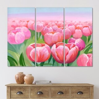 Designart "Field Of Pink Tulips In The Field" Traditional Canvas Wall ...