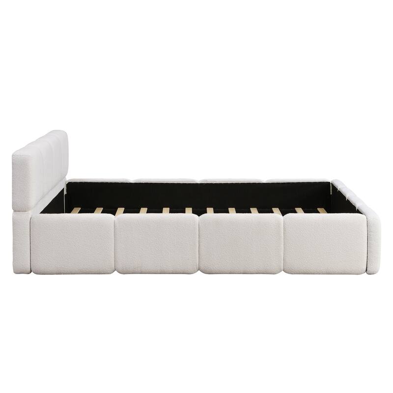Block Style Boucle Platform Bed Upholstery Grounded Bed Frame w/Thick Headboard & Footboard, Wooden Slat Support, Easy Assembly