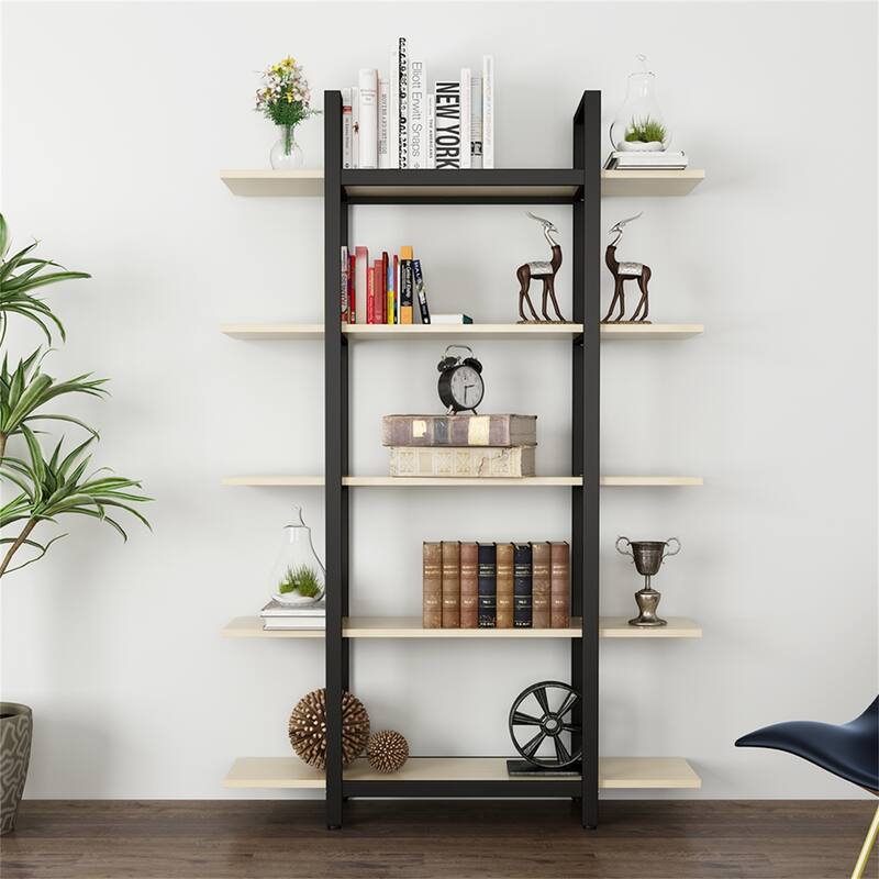 Brown Vintage Industrial 5-Tier Etagere Bookcase, White/ Gold Modern Display Bookshelf