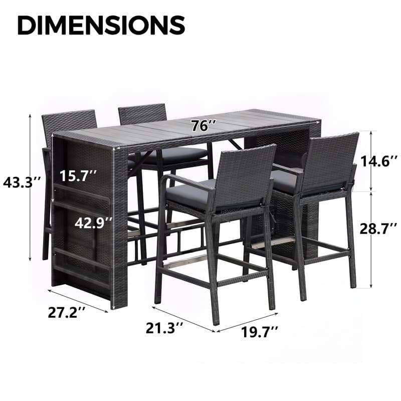 5/7-Piece Outdoor Wicker Bar Height Patio Dining Set with Storage Table and Cushioned Bar Stools, Seats 4/6