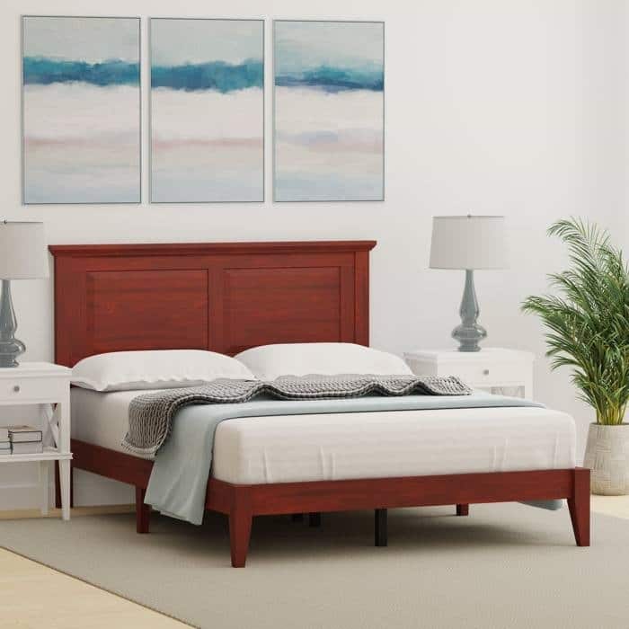 Solid Oak Platform Bed with Tapered Legs and Headboard - Cherry - Full