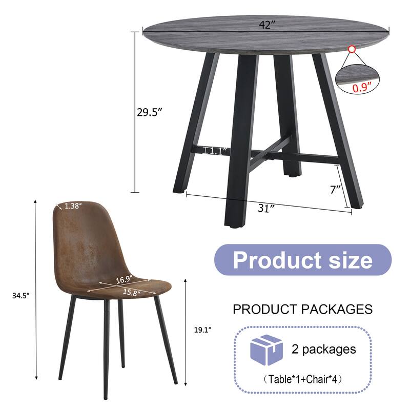42" Round Minimalist Dining Table Set for 4, Wood Grain Dinner Table with 4 Techno-Fabric Chairs and Metal Legs