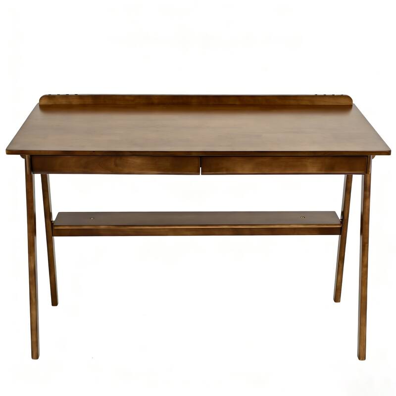 Solid Wood Writing Desk, Home Office Desk for Small Spaces, Mid Century Modern Desks with 2 Drawers & Storage Shelf