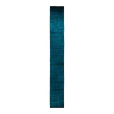 Overton Hand Knotted Wool Vintage Inspired Modern Contemporary Overdyed Blue Runner Rug - 3' 0" x 22' 2"