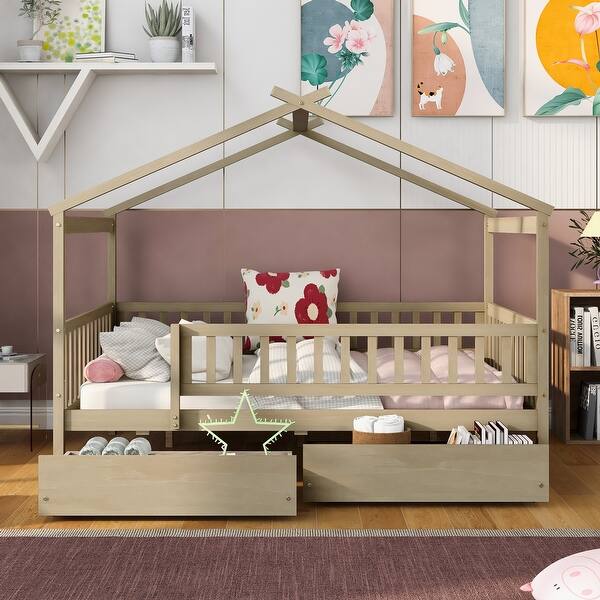 slide 2 of 10, Full Size Wooden House Bed with Two Drawers and Fence, Natural Natural