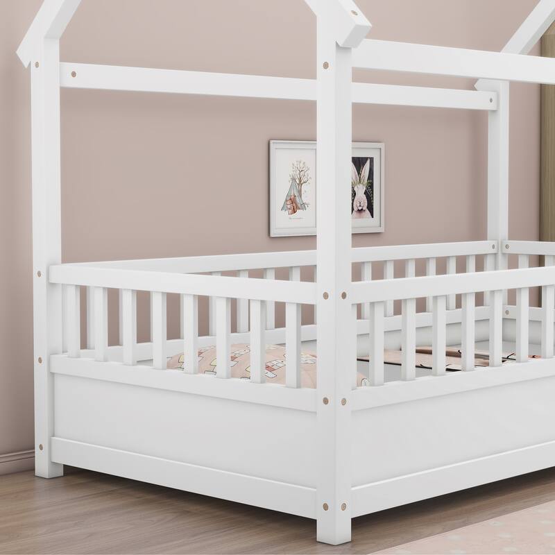 Twin/Full Size Floor Bed Wooden House-shaped Bed Frame with Fence Guardrails & Roof, Twin/Full Size Bed for Kids Boys Girls