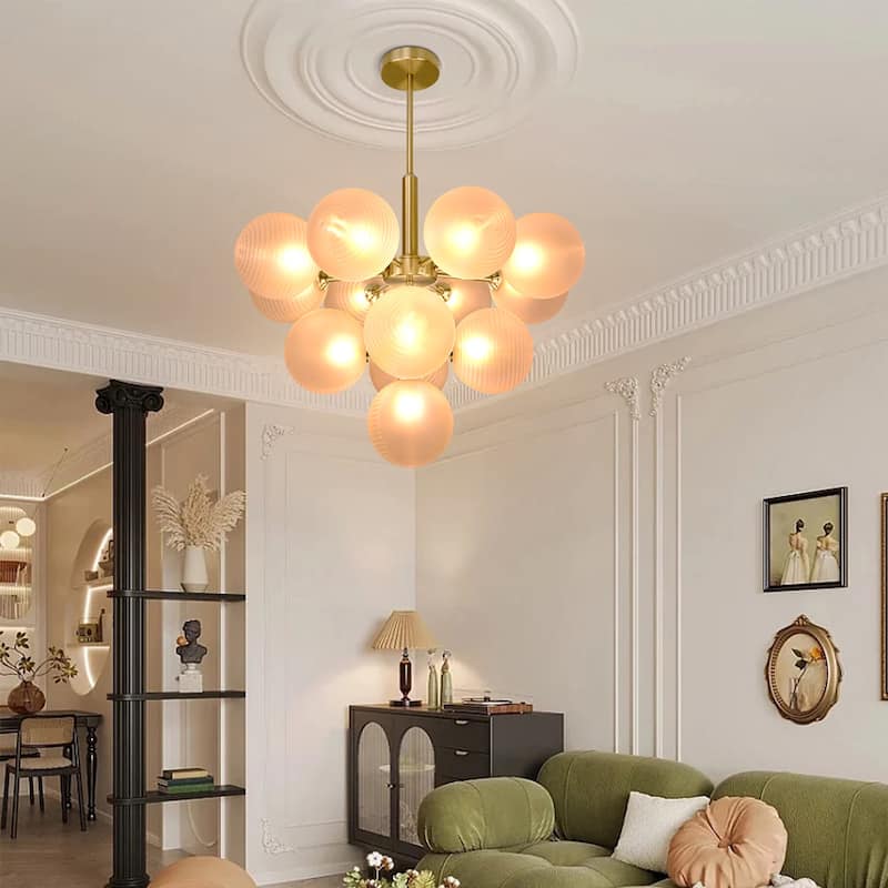 13 - Light Luxury Gold Chandelier with Frosted Glass Globes for Living Dining Room Centerpiece - Antique Brass
