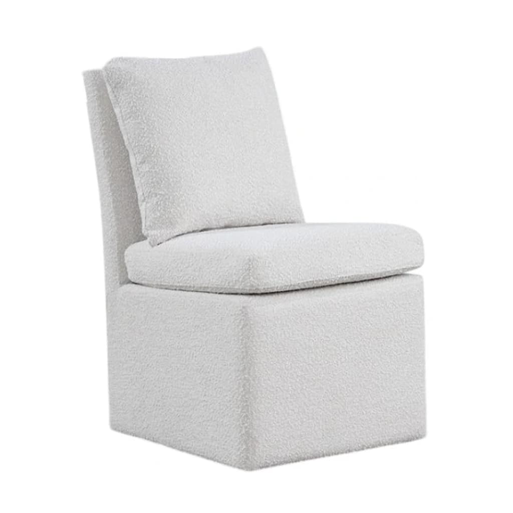 Ager Side Dining Chair with 6 Caster Wheels, Barrel Style, White Boucle