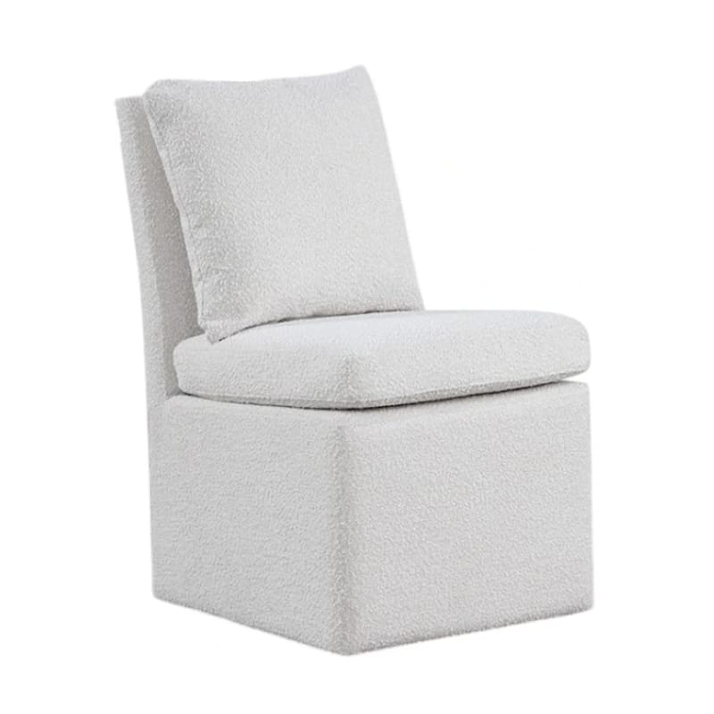 Ager Side Dining Chair with 6 Caster Wheels, Barrel Style, White Boucle