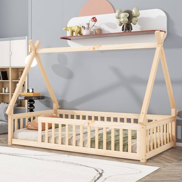 slide 2 of 9, Natural Twin Size Pine Wood Tent-shaped Floor Teepee Bed with Guardrails, Slats and Rood Natural