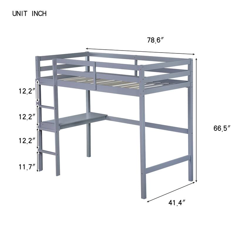 Grey Twin High Loft Bed with Built-in Desk and Safety Guardrail, Rubber Wood Construction