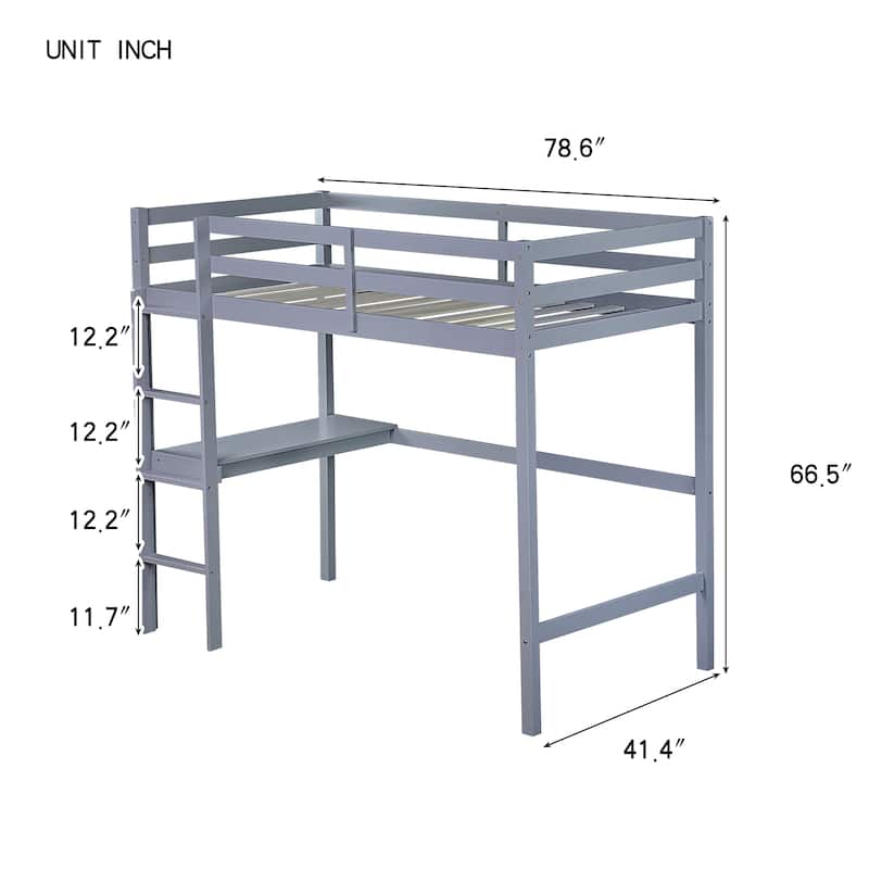 Twin Size Solid Wood Bunk Bed Twin Loft Bed with Safety Guardrail and Built-in Desk