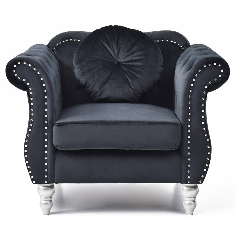 Solid Tufted Accent Chair with Round Pillow - 39" - Black