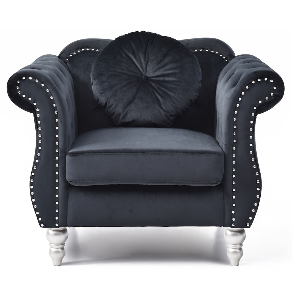 Solid Tufted Accent Chair with Round Pillow - 39" - Black