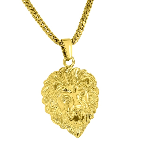 Lion Face Pendant 18K Yellow Gold Plated Free Stainless Steel Franco Necklace On Sale