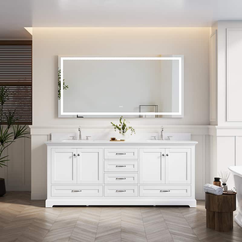 80''W Solid Wood Frame Bathroom Vanity With Pure White Culutered Marble Countertop And Double Sink