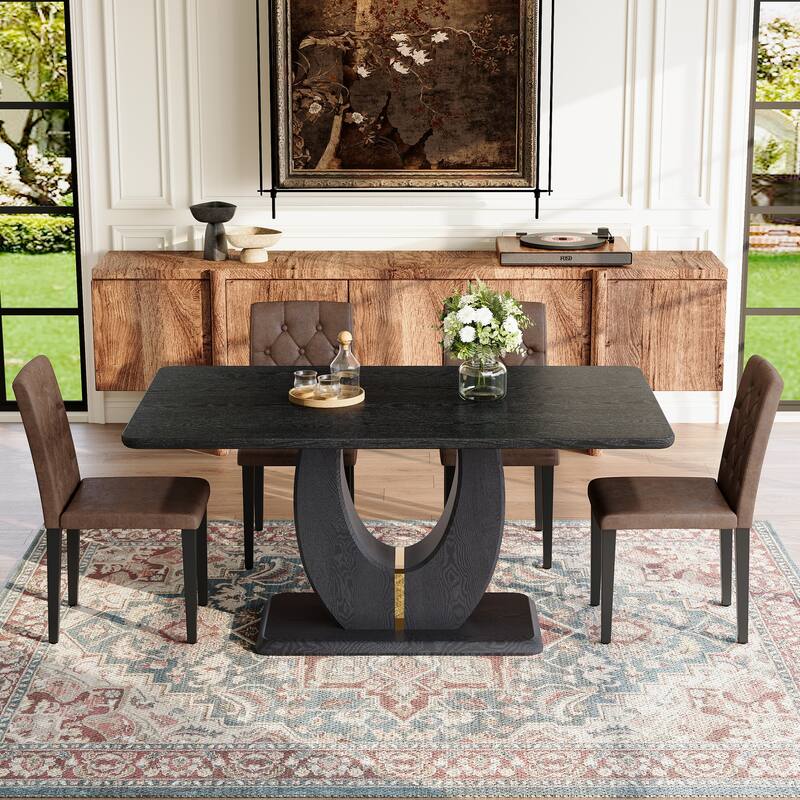 5-Piece Rectangular Dining Table Set, 63-inch Wooden Dining Table with 4 Upholstered Chairs, Stylish Dining Room Table Set for 4