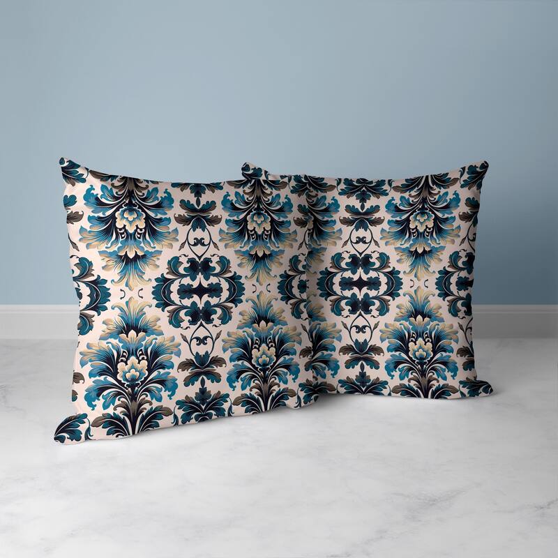 Damask Rapture Faux Suede Reversible Throw Pillow Turquoise and Beige
