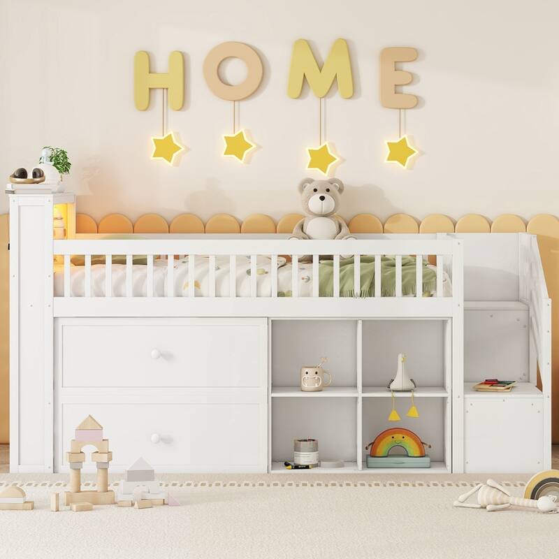 Loft Bed with LED and Bookshelf, Wood Low Loft Bed with Stairs - White - Twin
