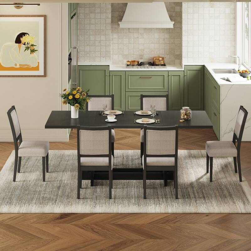 82" Rustic Extendable Dining Table Set: 7-Piece Trestle Table with 6 Upholstered Chairs & 2 Removable Leaves