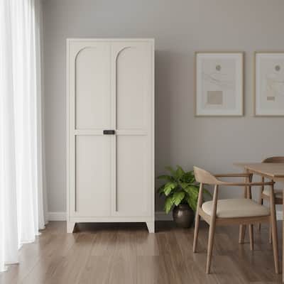 HomeRoots 71" Cream Stainless Steel Locking Pantry Or Storage Closet With Arched Panel Doors