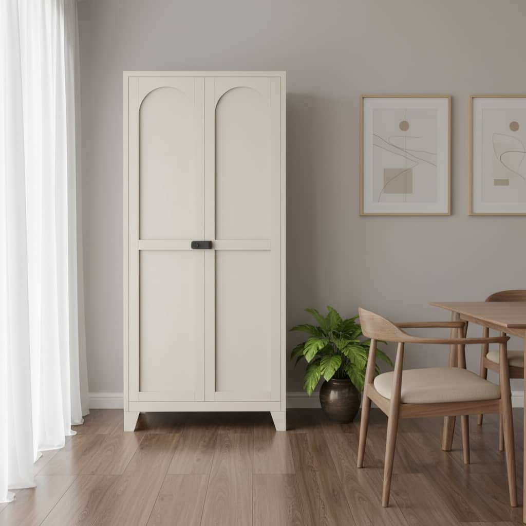 HomeRoots 71" Cream Stainless Steel Locking Pantry Or Storage Closet With Arched Panel Doors