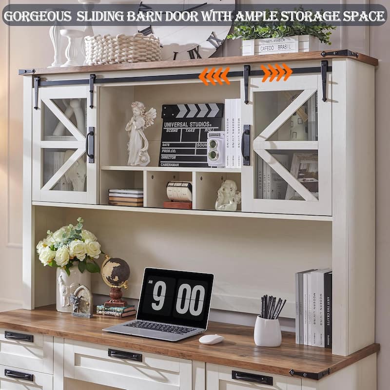 Farmhouse L Shaped Desk with Hutch, Wood Desk with Charging Station