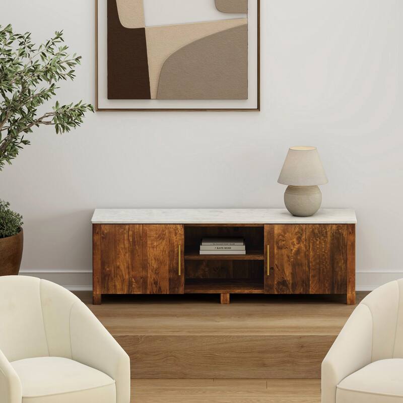Mid-Century Modern Solid Wood & Marble Media Cabinet