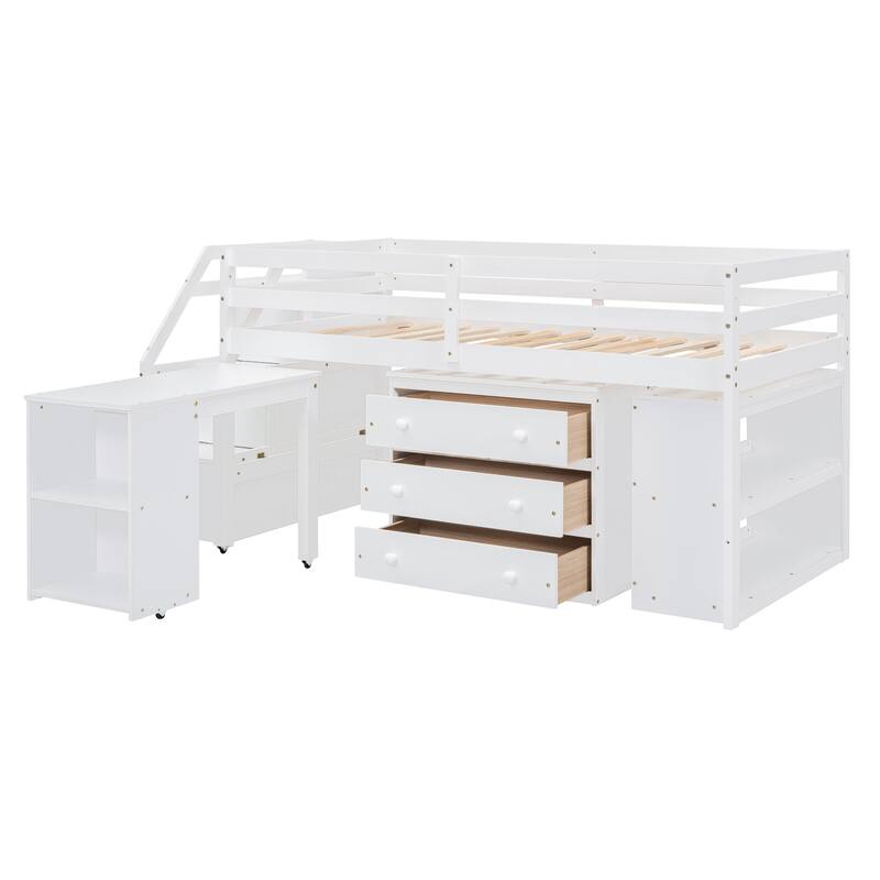 Pine Wood Low Loft Bed with Storage Stairs, Shelves, Retractable Writing Desk, 3 Drawers, Wooden Lofbed Frame for Kids Bedroom