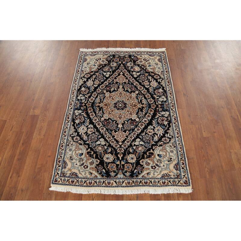Dark Navy Blue Floral Nain Persian Accent Rug Handmade Wool Carpet - 2'11"x 4'4"