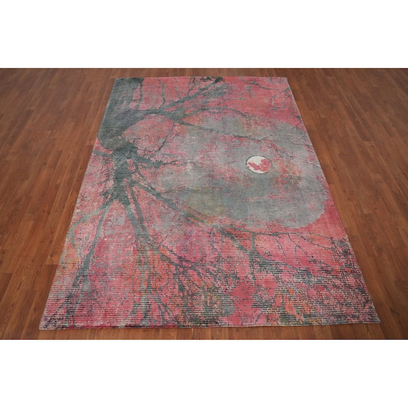 Hand Knotted Oriental Viscose Silk Carpet Modern Pictorial Pink Abstract Area Rug - 7' 7'' X 5' 6''
