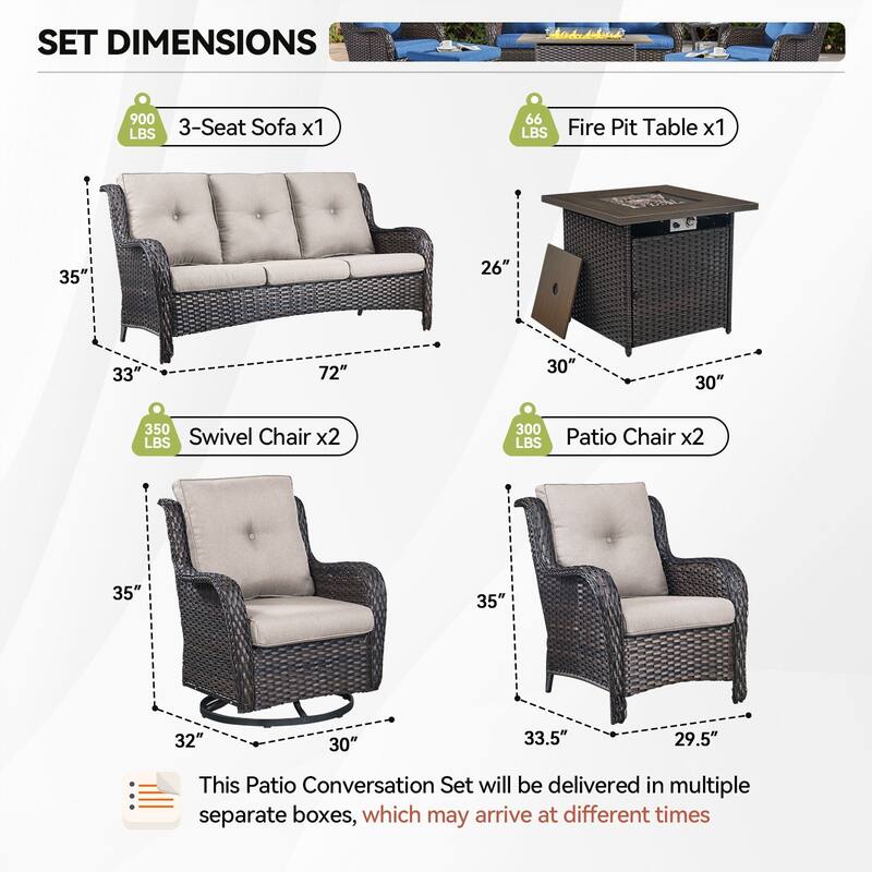 Fire Pit Table with Sofa 2 Swivel Chairs, 2 Patio Chairs