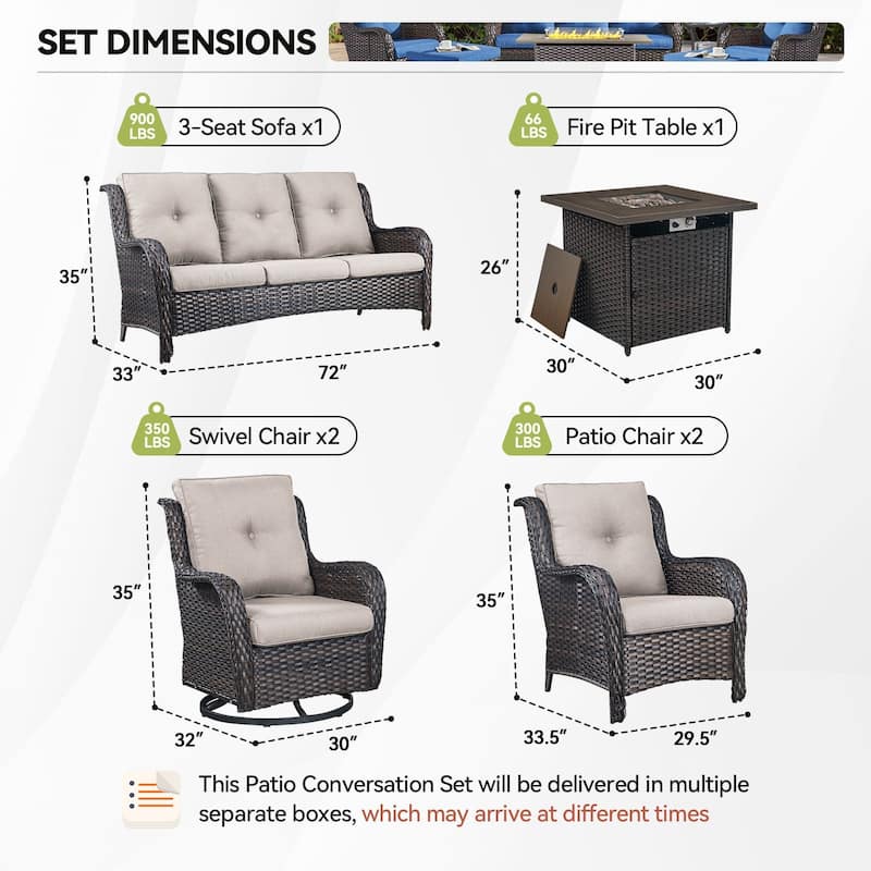 Pocassy 6 Pieces Fire Pit Table with Sofa Chairs
