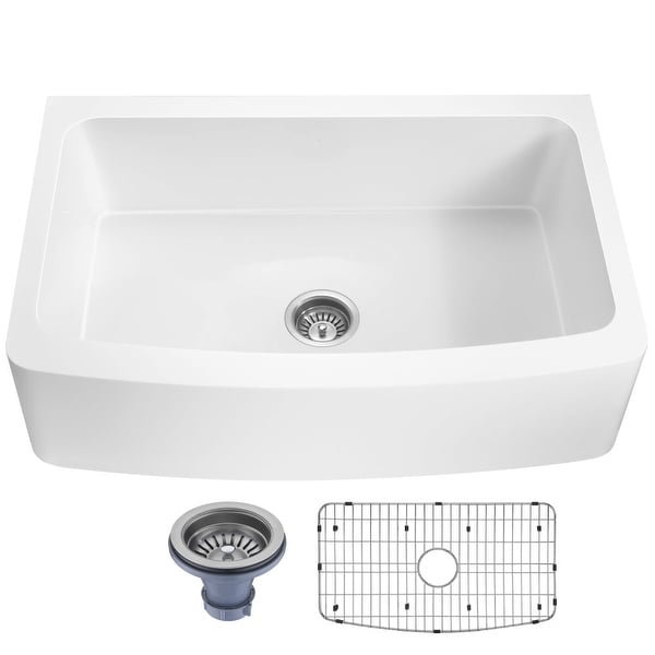 ANZZI Mesa Matte White Solid Surface Farmhouse 33 in. Single Bowl Kitchen Sink with Strainer. Opens flyout.
