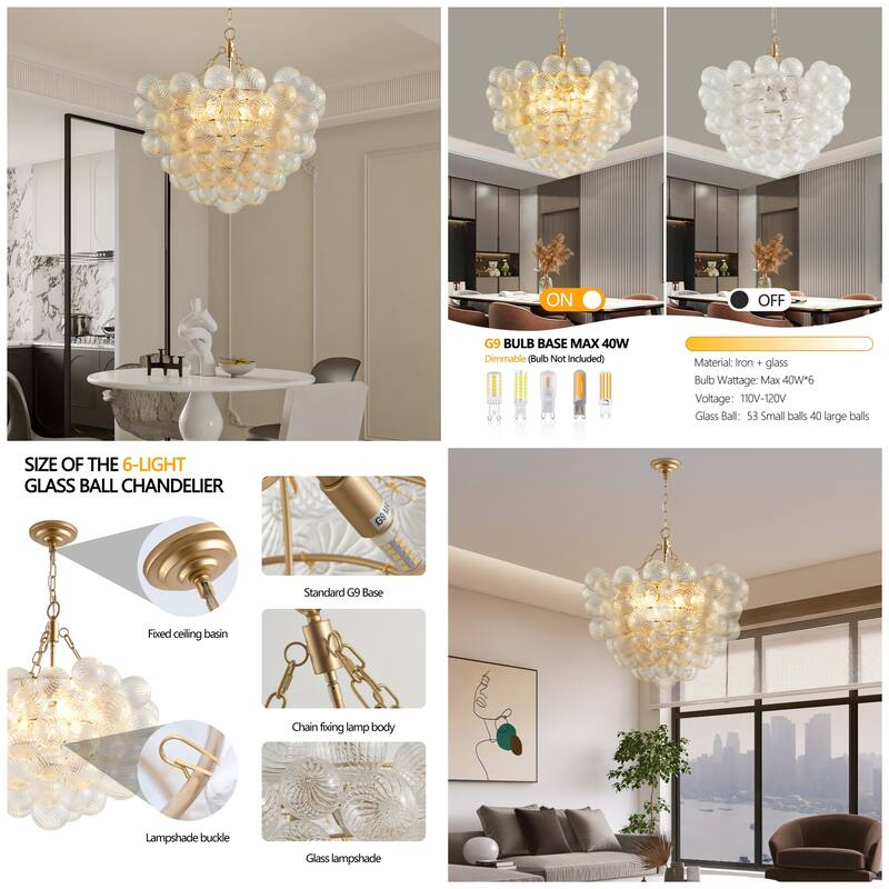 27.5" Gold Pendant Chandelier with Glass Globe, Adjustable Height