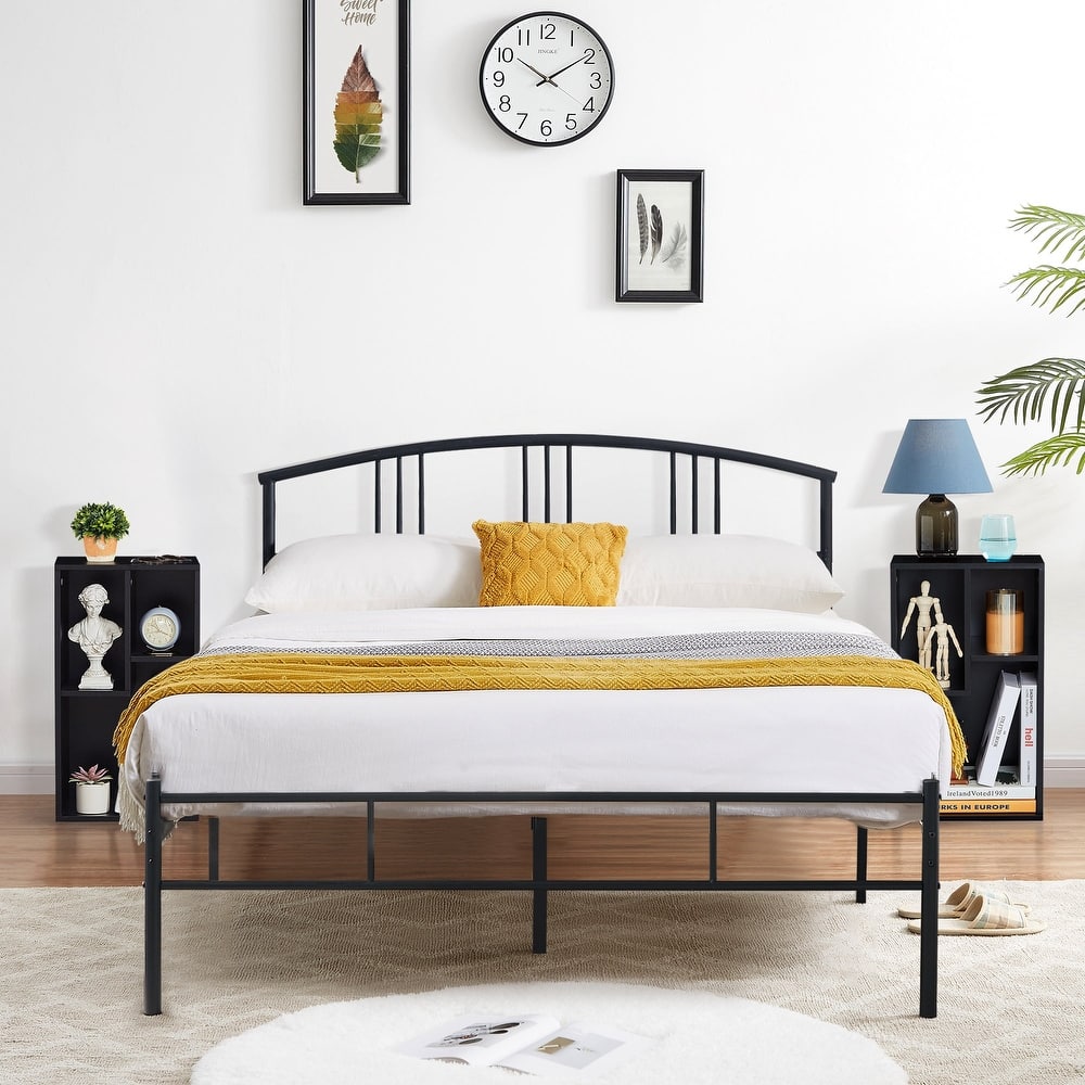 VECELO 3-Pieces Bedroom Sets Black Bed frame and Nightstands/Bookcases Set