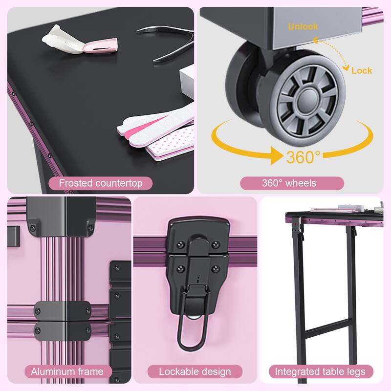 Portable Nail Art Table w/ LED Mirror, Bluetooth, Lockable Drawers, Telescopic Pole - Folding Manicure Station for Salons