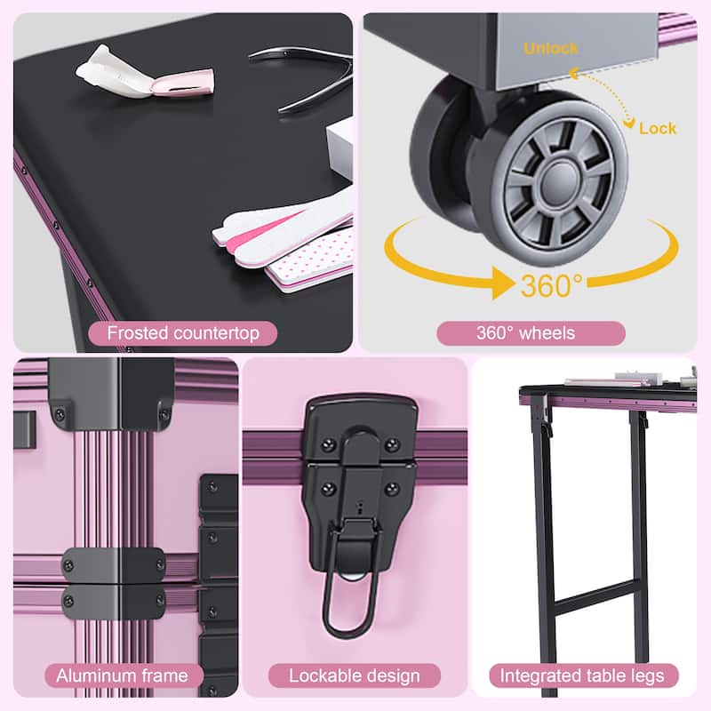 Roomfitters Portable Nail Table with LED Mirror, Lockable Drawers and Bluetooth, Folding Manicure Station on Wheels, Black