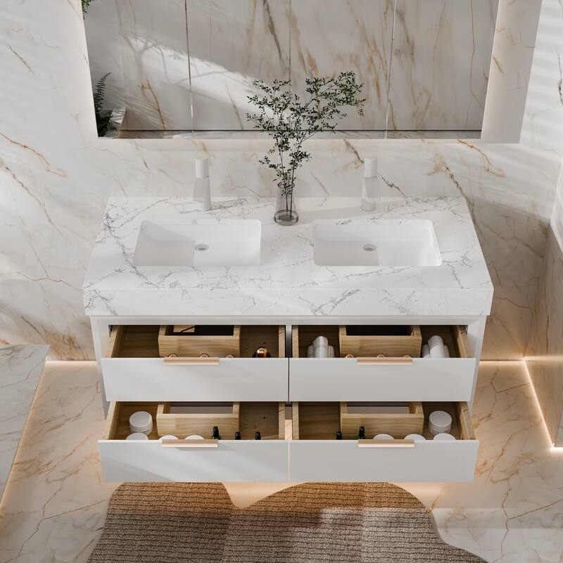 Modland 48" Floating Double Sink Bathroom Vanity with White Stone Countertop, Soft-Close Drawers, LED Lighting