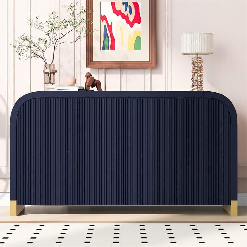 4-Door Sideboard Buffet Cabinet, Curved Corner Design Wavy Door Panel Cabinet, Accent Storage Cabinet with Adjustable Shelves