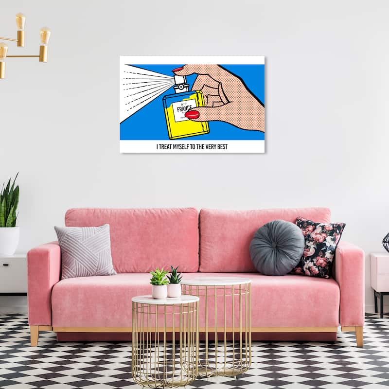 Wynwood Studio Canvas Fashion and Glam Treat Myself Blue and Light Yellow Modern & Contemporary Wall Art Canvas Print - 24 x 36