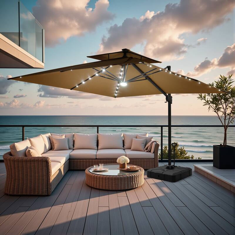 11 FT Outdoor LED Double Top Patio Cantilever Umbrella with Base Stand