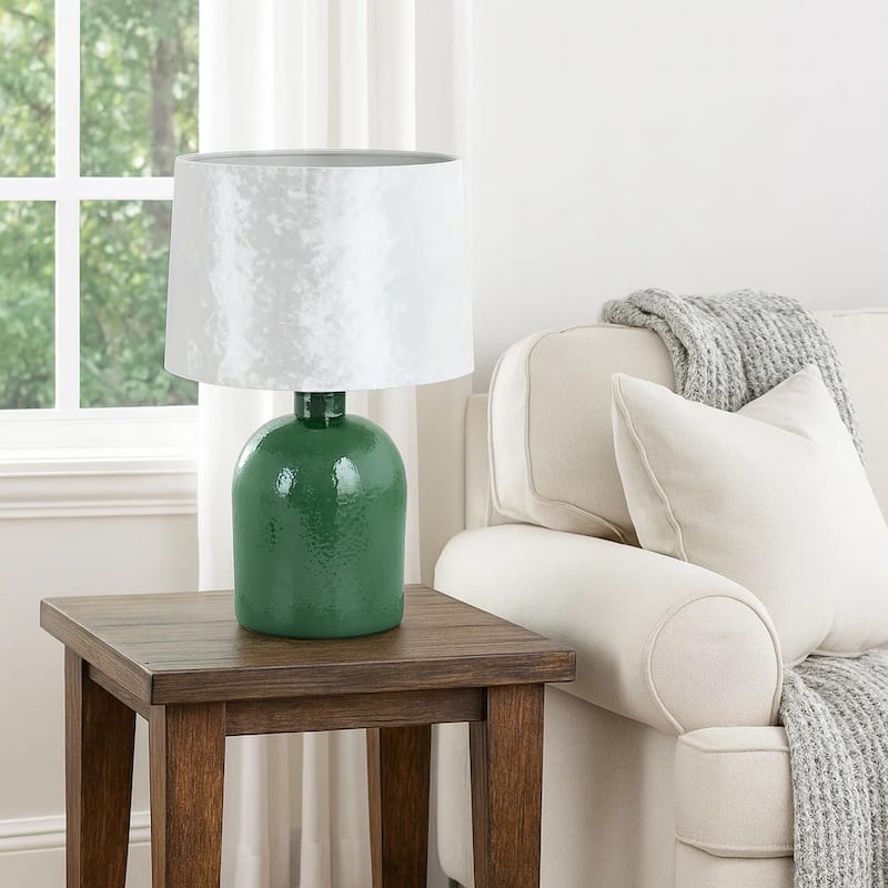 27 Inch Table Lamp, Drum Shade, Round Drop Shaped Glass Body, Green Finish