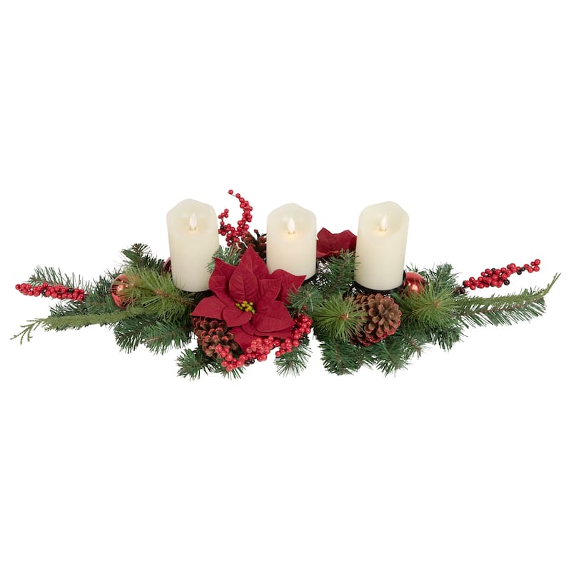 32" Artificial Mixed Pine Berries Poinsettia Candle Holder Centerpiece