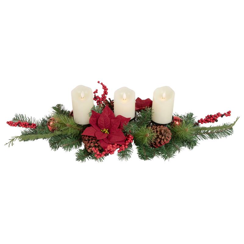 32" Artificial Mixed Pine Berries and Poinsettia Christmas Candle Holder Centerpiece