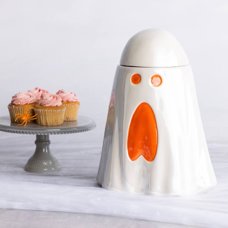 Transpac Dolomite 9.5 in. White Halloween Iridescent Ghost Cookie Jar - Off-White