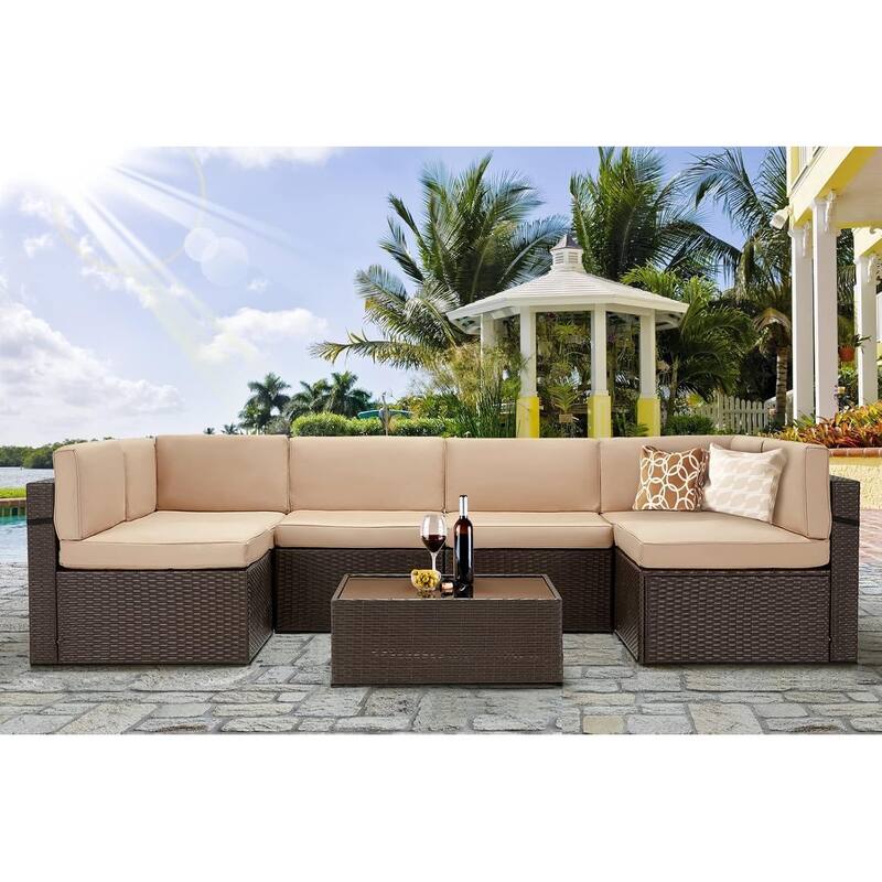 AECOJOY 7 Piece Outdoor Patio Furniture Set, PE Rattan Outdoor Wicker Sectional Furniture Chair Set with Cushions and Tea Table