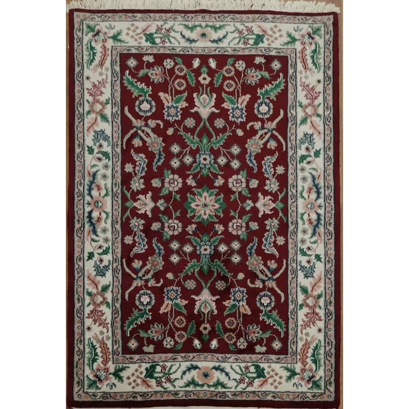 Hand Knotted Oriental 100% Wool Carpet Traditional All-Over Red Agra Area Rug - 5' 11'' X 4' 0''