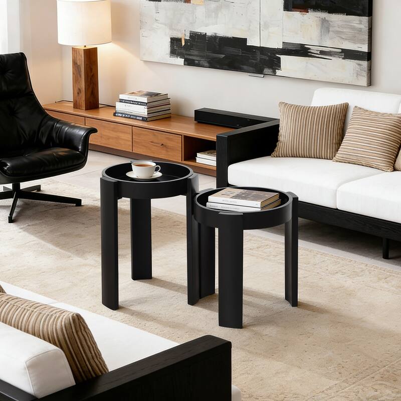 Black Nesting Side Tables Set of 2, Round MDF End Tables for Living Room