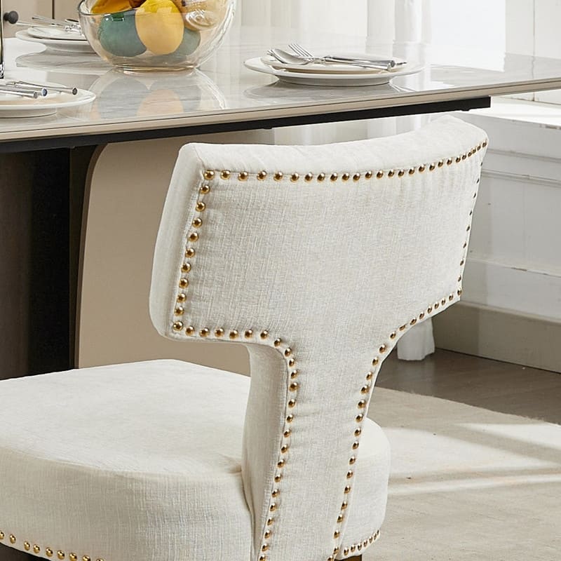 Dining Chairs Set of 2, Farmhouse Chenille Fabric Upholstered Accent Chair Curved Backrest with Copper Nails around